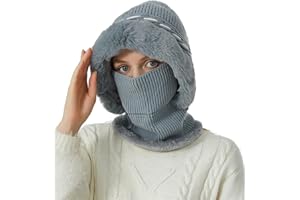 crazy bean Bonnet Femme Hiver Cagoule Chaud avec Pompon Balaclava d'Écharpe Tricoté Casquette Doublure en Peluche