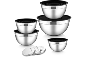 Herogo Set di 5 ciotole per mescolare, in acciaio inox, con coperchio ermetico, in metallo, con 3 grattugie, per preparare, cuocere, servire, mescolare, lavabile in lavastoviglie