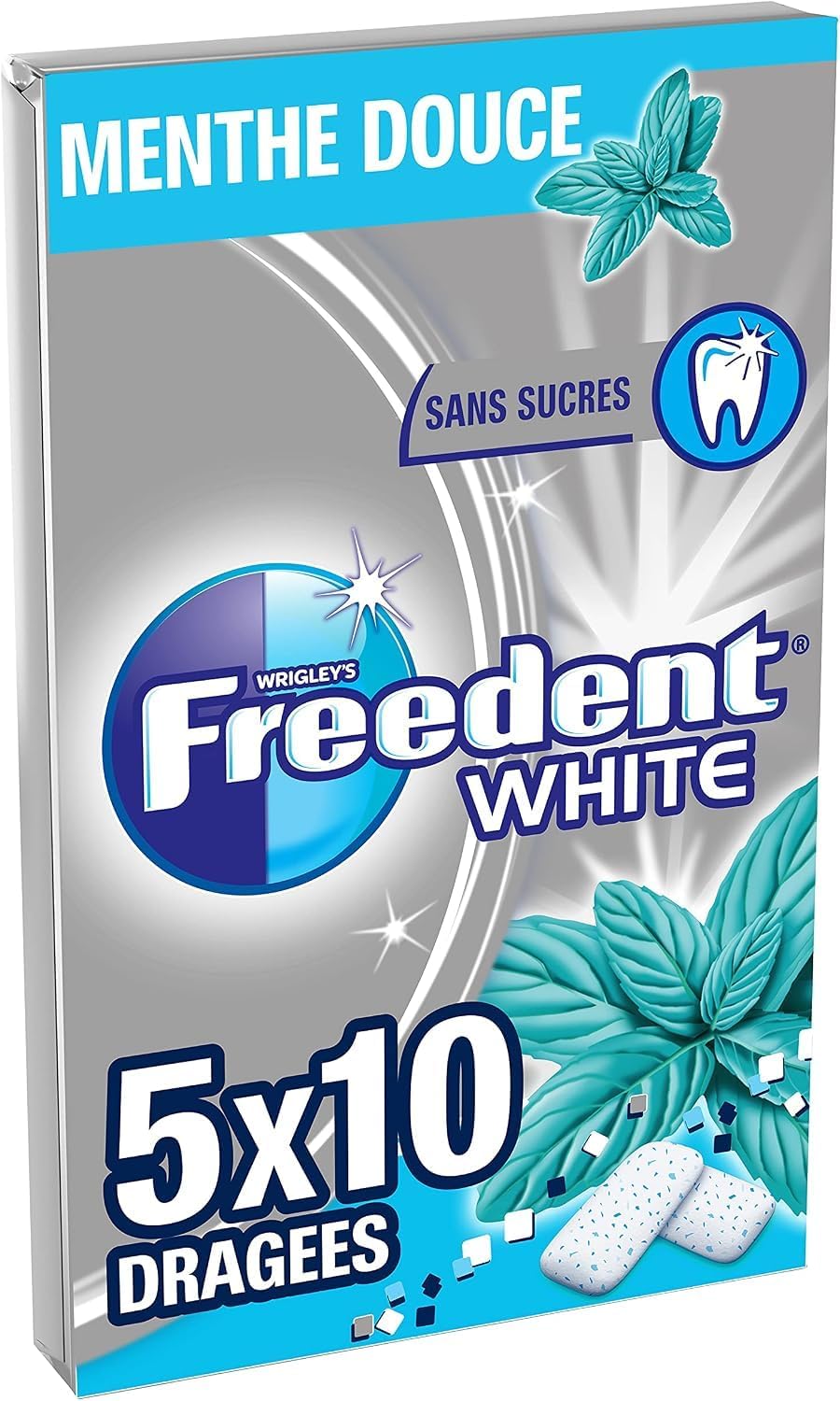 FREEDENT WHITE - Chewing-Gum Menthe Douce - Sans Sucres - 5 x 10 dragées - 70g