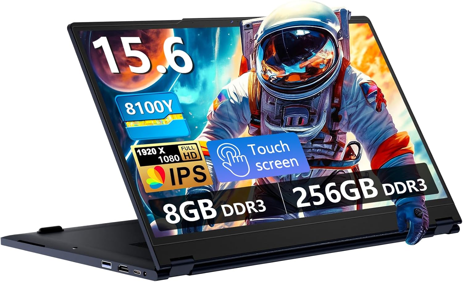 15.6-inch Laptop, 2-in-1 Laptop, 360° Flipping Laptop, 1920x1080 IPS Screen, 8GB Memory, 256GB Solid State Drive, Core 8100Y Processor, Equipped with WiFi 5, Bluetooth 5, Suitable for Study and Work