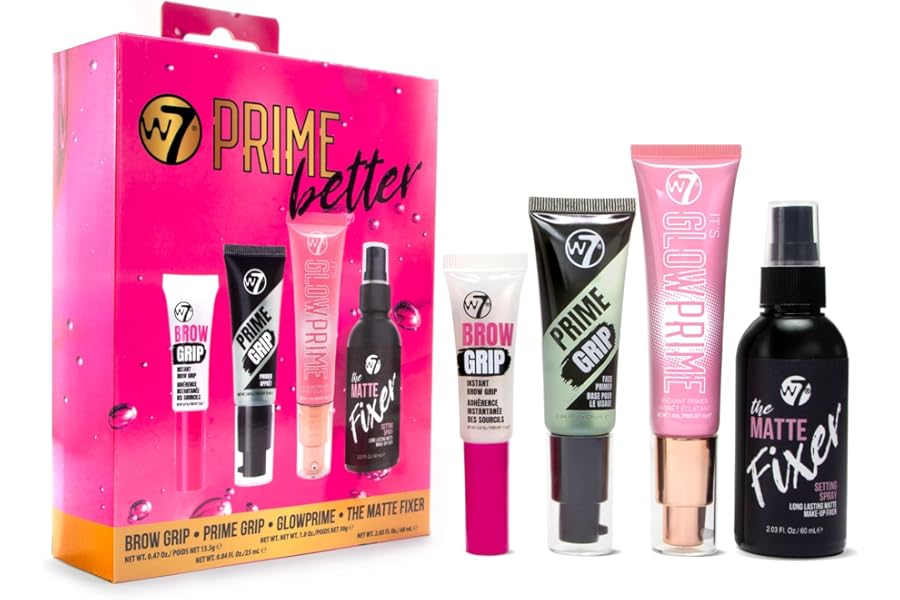 W7 Prime Better Set - 4 Piece Makeup Prime & Set Collection with Primer, Fixer, Glow & Brow Grip