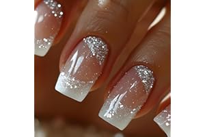 Ceboic 24 Pièces Faux Ongles Français, Carré Court Ongles à Coller Nude Paillettes Press on Nails, Couverture Complète Acrylique Ongles Réutilisables, Ensembles de Manucure pour Femme Fille Nail Art