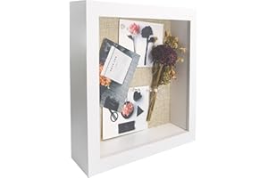 GraduatePro Caja de memoria con marco de 8 x 8 pulgadas, color blanco con fondo de lino y 6 alfileres de palo, recuerdos con medallas y fotos