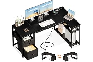 Coleshome Hörnskrivbord med 2 Tygbyrålådor,160x80cm, Svart | Reversibelt Skrivbord i L-form med Hylla, Hörnskrivbord med Utta