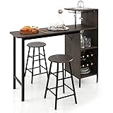 LIFEZEAL Set di Tavolo e 2 Sgabelli da Bar, Bancone e 2 Sedie da Pranzo, Porta Bottiglie da Vino, Portacalici, Cucina, Soggio