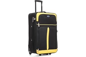 Aerostar Large 29” Lightweight Softshell Expandable Suitcase, Check in Luggage 2 Corner Wheels with Integrated Combination Lock (Black/Yellow, 100 litres)