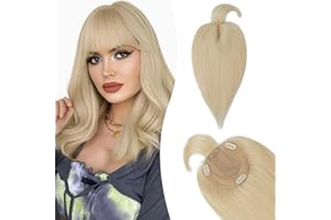 Silk-co Topper z prawdziwych włosów z długą grzywką, peruka damska z podstawą 10 x 12 cm, z jedwabną podstawą Remy, przedłużenie włosów z klipsem, 30 cm, 613# blady blond