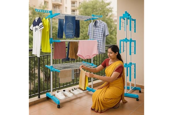 JD FRESH Stainless Steel 4 Tier Big Clothes Drying Stand/Foldable Laundry Rack/Cloth Dryer/Hanger for Clothing/Outdoor/Indoor/Balcony Space Saver for Home (Blue)