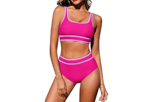 FemiChic Costumi da Bagno Bikini Donna Mare Costume Piscina Donna a Vita Alta Due Pezzi Push Up Swimwear Stile Sportivo con Scollo a U Beachwear