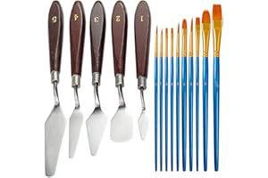 5 Pcs Painting Palette Knives Set with 10 Pcs Painting Brushes, FineGood Stainless Steel Spatula Oil Paint Metal Knife Wood Handle and Nylon Hair Brushes for Artists Beginners