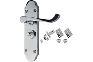 Golden Grace Victorian Scroll Bathroom Door Handles on Shaped Backplate in Polished Chrome with Hinges & Latch, Privacy Set - 168mm x 40mm