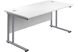 Office Hippo Heavy Duty Rectangular Cantilever Office Desk, Home Office Desk, Office Table, Integrated Cable Ports, PC Desk For Office or Home, 5 Yr Wty - Silver Frame/White Top, 120cm x 80cm