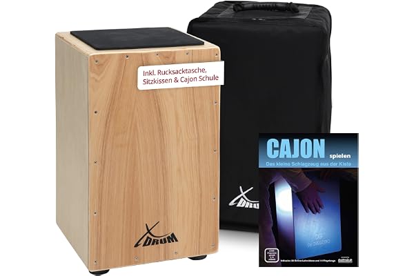 XDrum Cajon Primero Naturel - Caisse de percussion incl. sac à dos et école - Caisse de percussion avec son de caisse claire - Caisse en bois avec housse de transport