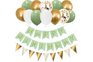 OHUGS Birthday Decorations for Men & Women - Green Happy Birthday Banner Includes 12 inch Green, Metallic Gold, White and Confetti Balloons, Birthdays Bunting, Ribbon & Adhesive Hooks