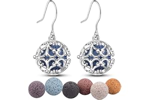 INFUSEU Pendientes De Gota Para Mujer, Aceite Esencial Perfume Gancho Cuelga Difusor Vida RatáN Locket Iris Plateado Plata Con 6 Pares De Piedras De Lava 12 mm