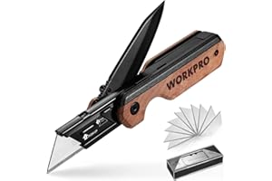 WORKPRO Coltello Multiuso 2 in 1, Taglierino e Coltellino Tascabile con Manico in Legno e Clip da Cintura, Incluse 10 Lama SK5 di Ricmabio, Adatto per Lavori di Taglio Interni ed Esterni