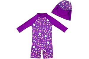 upandfast Maillot 1 pièce bébé Fille avec Fermeture éclair Maillot à Manches Longues et Chapeau Assorti avec Protection Solaire UPF 50+