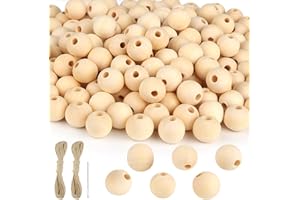 TIANCONGYUN 170 Stück Holzperlen Natur, Holzperlen zum Auffädeln 16mm, Holzkugeln mit Loch 4mm, Runde Holzkugeln mit Bastelseilen und Nade Für Selbstgemachten Schmuck