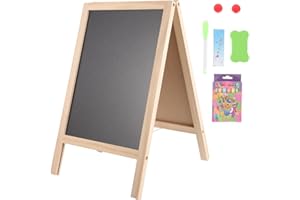 TOYANDONA Standing Art Easel for Kids, Double-Sided Wooden Blackboard, Toddler Drawing Chalkboard, Magnetic Whiteboard, Dry Erase Board, Water Marker and Accessories