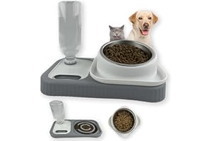 Cdycam Cat Dog Food and Water Bowl Set, Double Food Bowls with Automatic Gravity Water Bottle, Raised Slow Feeder, Detachable Stainless Steel Bowl, 15°Tilt Elevated No Spill Dispenser (Gray+White)