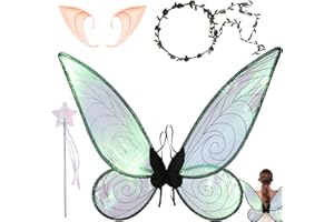 XIEXIESHER Alas de Hada, con Varita de Hada, Orejas de Elfo, para Niños y Adultos, Alas de Hada para Niñas para Carnaval Halloween Navidad y Cumpleaños Cosplay (Negro)