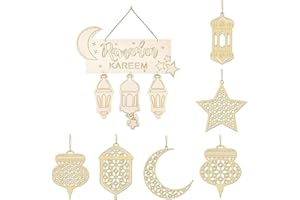 Ramadan Dekoration Set, JunD 7 Stück Ramadan Kareem Dekoration Eid Mubarak Ramadan Holz Anhänger Ornament Muslim Ramadan Festival Dekoration Halbmond Star für Eid Mubarak Dekoration Wohnzimmer
