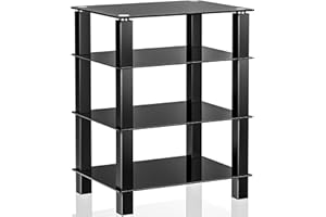 FITUEYES HiFi Rack AV półka 4-poziomowy szklany stojak na telewizor z półkami do przechowywania mediów ze szkła hartowanego, czarny
