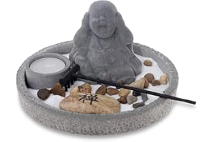 FLANACOM Zen Garten z figurką Buddy – japoński miniaturowy ogród – uchwyt na kadzidełka Feng Shui – zestaw na kadzidełka – zestaw 3 kadzidełek – talizm z buddyzmu i taoizmu (szary)