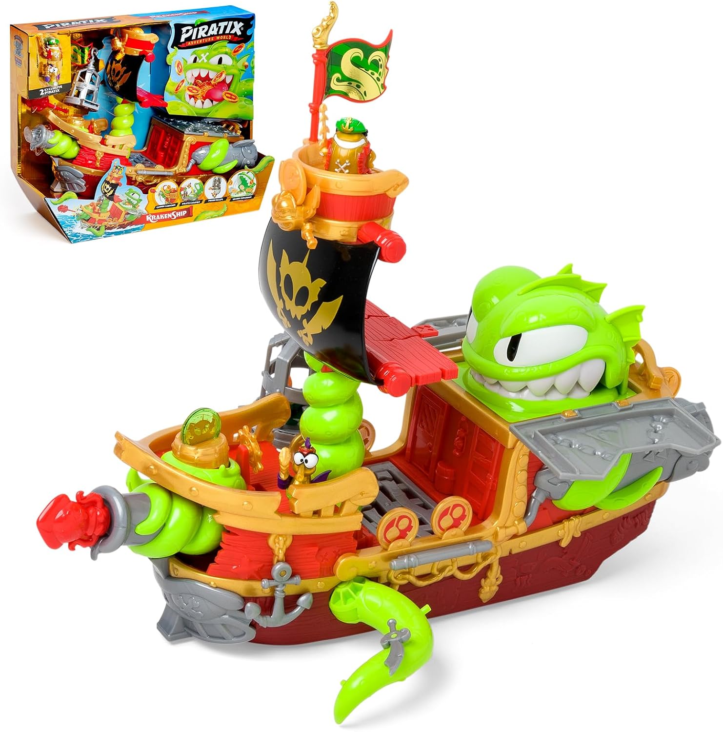 PIRATIX Kraken Ship–Barco Kraken de Piratix.Contiene 1barco Kraken,2Piratix & accesorios exclusivos,1proyectil de cañón,1tesoro exclusivo,6 tesoros dorados,1 bandera exclusiva,1espada,1ancla y1prisión