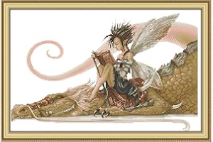 Stitchmelody 14CT Counted Cross Stitch Kits,Unprinted Pattern Embroidery Set,DMC Threads-The Girl Sat on The Dragon Reading a Book 53cm×36cm