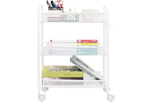 OVICAR Mesh Wire 3 Tier Rolling Cart, Kitchen Storage Utility Cart, Multifunction Basket Stand for Bathroom, Full Metal Storage Art Trolley Carts with Wheels & 4 Side Hooks (White)