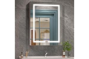 BELIWIN Bathroom Mirror Cabinet 600 x 800 mm with LED Lights, Touch Control, 3 Colour Dimmable Illuminated Mirror, Demister Pad & Shaver Socket