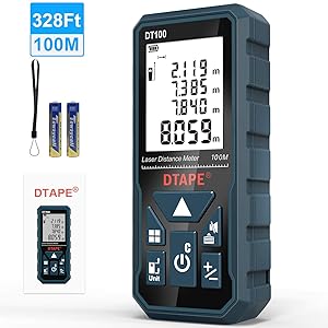 Laser Distance Meter 100m, DTAPE DT100 Portable Handle Digital Laser Measure Tool Range Finder Larger Backlit LCD 4 Line Display IP54 Shockproof Battery Included