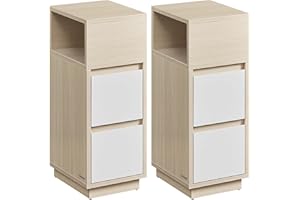 VASAGLE Kailyn Colección - Mesita de Noche Estrecha, Juego de 2, Mesa Auxiliar con 2 Cajones y Compartimento Abierto, a la Izquierda o a la Derecha, Beige Natural y Blanco Nube LET856N01