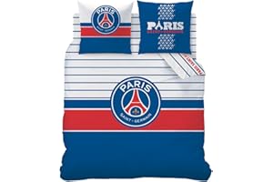 CTI PSG LOGO Parure de Lit 1 ou 2 Personnes Imprimée Réversible | 100% Coton | OEKO-TEX | Housse de Couette 220x240 cm + 2 Taies d'Oreiller 63x63 cm | Bleu