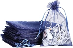 POPOYU 100 Pezzi Sacchetti Organza 7x9cm Blu Navy Con Coulisse per Bomboniere, Matrimonio, Caramella, Gioielli