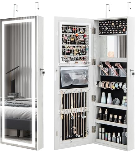 Armadietto Portagioie Da Parete Con Luci LED E Specchio - 6 Cassetti, Bianco, 36.5x11.5x120 Cm - Foto 6