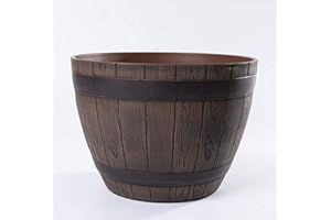 Jinfa Macetero Grande Exterior de Plástico Efecto Madera - Color Castaño - Diseño Media Barrica - Ø 38 cm 19L - Maceta Resistente para Jardín, Terraza y Hogar