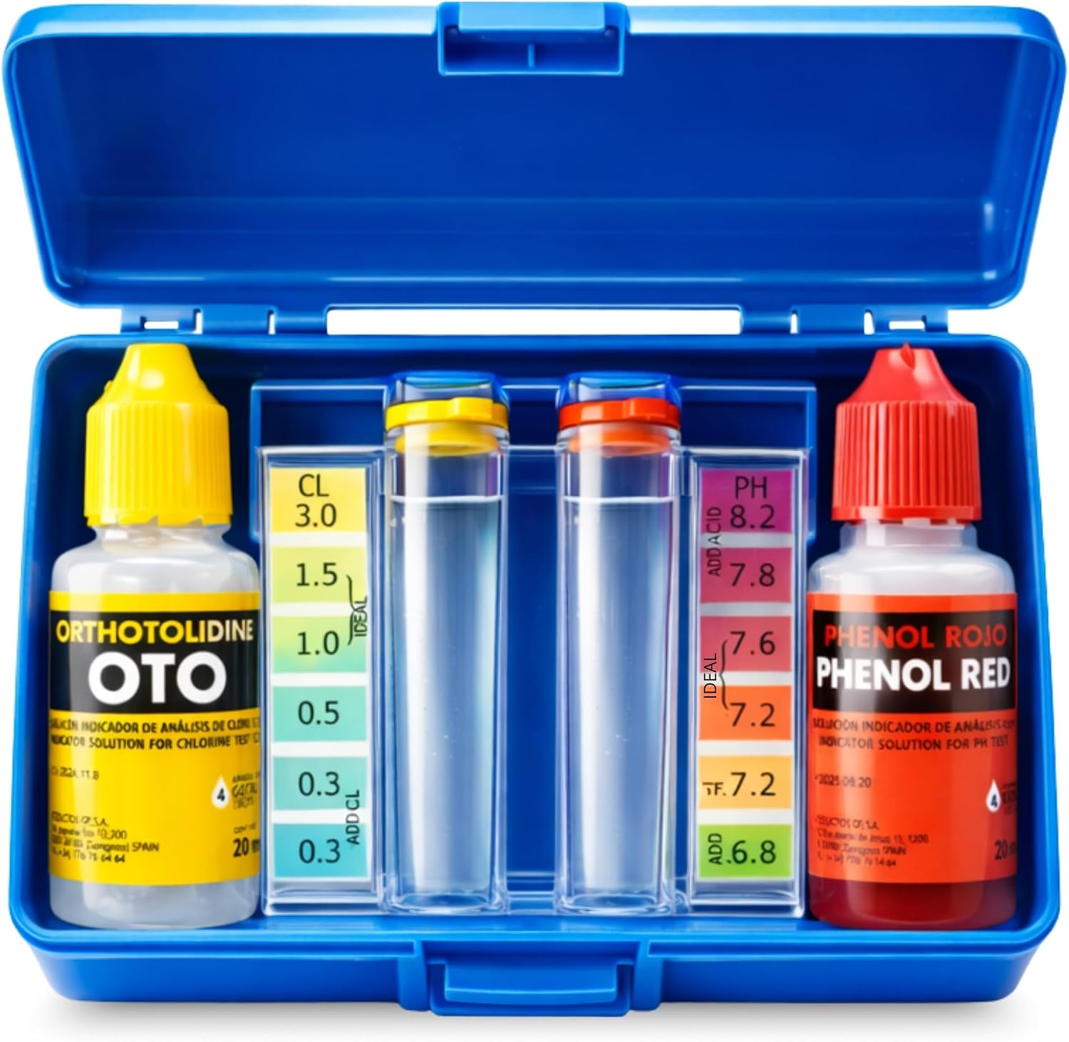 Test Kit Cloro y pH, Medidor del Cloro y PH del Agua de la Piscina, Accesorios Piscina Básico, Apto para cualquier tipo de agua, Contiene Phenol y OTO en gotas