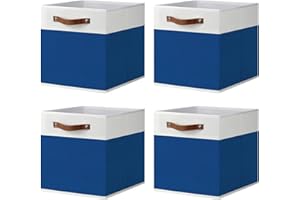 ArcaGuru Storage Cube Bins, Foldable Fabric Organizer Bins Storage Cubes Baskets Box Drawers for Shelves, Closet, Wardrobe, Bookshelf, 33 x 33 x 33cm, 4 Pack, White/Blue