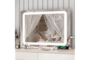 DRADAOMULL Specchio Trucco con Luci, Specchio Hollywood da Tavolo con LED, 3 colori di illuminazione, specchio da trucco con USB e ingranditore 10x, Installazione su tavolo e a parete, Bianco - 80*55cm