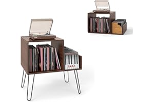 KOMFOTTEU Supporto per Giradischi con Stazione di Ricarica, Porta Dischi Vinile Vintege con Pareti Divisorie e Ripiano Laterale, Espositore per Dischi in Vinile Fino a 145 Album, 66x45x67cm (Noce)