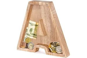 SLAGGZO Wooden Letter Money Box for Kids, Personalized Alphabet Piggy Banks with Clear Alphabet Stickers, Letter Coin Bank for Family DIY Decoration, Christmas, Birthday, 18x18 cm