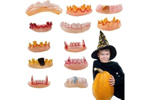 AUSWALAR 12 PCS Halloween Demon Teeth Gnarly Fake Teeth,Rubber Funny Dentures Demon Gag Teeth for Halloween Costume Play Party