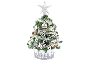SOBEAU mini choinka, mała choinka bożonarodzeniowa z oświetleniem, sztuczna choinka z ozdobami świątecznymi srebrnymi i świątecznymi lampkami LED, 60 cm choinka na stół na Boże Narodzenie i Adwent
