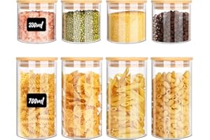 Ezvsevuo 8pcs Tarros de Cristal con Tapa, 330ml/700ml Botes Cocina Almacenaje, Tarros Cristal Hermeticos con Tapa Bambú, Recipientes de Cristal para Alimentos, Pasta, Cereales, Legumbres, Café
