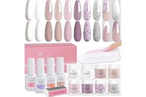 Aikker Acrylic Dip Powder Starter Kit Nail Dipping Powder System with Base,Top Coat,Activator,Brush Saver Clear White Nude Beige Light Purple Sliver Glittery Sequins French Nail Art Recycling Tray 09