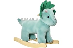 HOMCOM Jouet à Bascule Dinosaure Effet sonore Rugissement Bois de peuplier Peluche Courte Polyester Vert d'eau dim. 64L x 30l x 54H cm