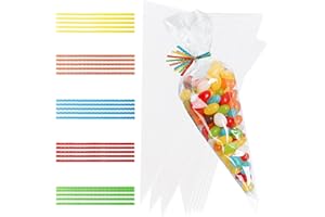 KOYIGO 100pcs Sweet Cones Bags, 13x25cm Cone Bags with 100pcs Colorful Ties, Triangle Transparent sweet cones Bags for Halloween Christmas Party, Snacks, Candy, Cookie, Popcorn
