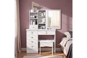 Chicmine Makeup Vanity Desk with Sliding Mirror and 6 Drawers, Hidden Storage Dressing Table with Lock and Open Shelves, Modern Vanity Table for Bedroom